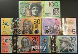 Banknote Set of Australia Polymer Bank Notes, $100 $50 $20 $10 $5 Dollar, UNC