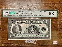 Canada French Banknote. 1 Dollar 1935. PMG 58 CAU Graded S/N F2681238 pp