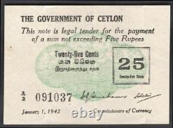 Ceylon The Government Of Ceylon. 25 Cents. 1-1-1942. A/2 091037. (Pick 40)