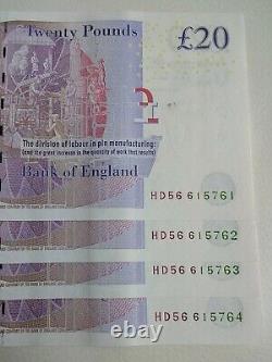Consecutive And Uncirculated Run Of £20 Notes x 4 UNC Salmon