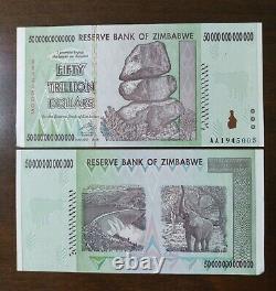 GENUINE ZIMBABWE 10 X 50 TRILLION DOLLAR BANKNOTE P90 AA 2008 aUNC GREAT DEAL