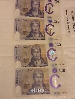 King Charles UNC £20 Pound Bank note x4 Consecutive Serial No. LOT E Collectors