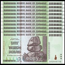 Lot 10 PCS, Zimbabwe 50 Trillion Dollars, 2008, Prefix AA, P-90, Banknotes, UNC