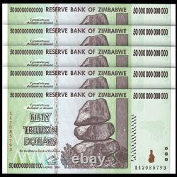 Lot 5 PCS, Zimbabwe 50 Trillion Dollars, 2008, Prefix AA, P-90, Banknotes, UNC
