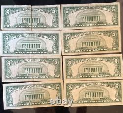 Lot of Eight (8) 1963 Five Dollar Currency Note Bill, Red Seal