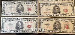 Lot of Eight (8) 1963 Five Dollar Currency Note Bill, Red Seal