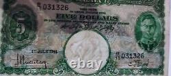 MALAYA Five $5 Dollars Bank note 1941 KGVI WWII Rare Scarce