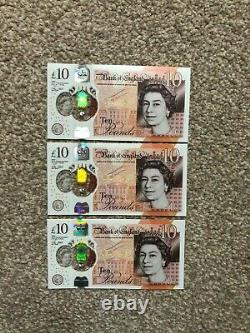 MINT 3 X £10 POLYMER note consecutive serial numbers AH03 206305 AH03 206307