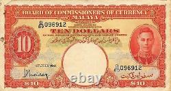 Malaya $10 1.7.1941 P 13a Series D/89 Circulated Banknote LB19