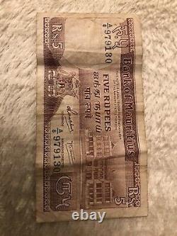 Mauritius five rupees Bank note. Very Rare