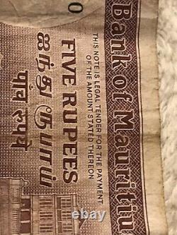 Mauritius five rupees Bank note. Very Rare