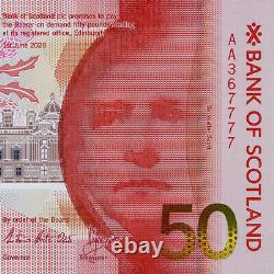 Mint Uncirculated Bank of Scotland 1st Polymer £50 Note AA 367777 of 1 June 2020