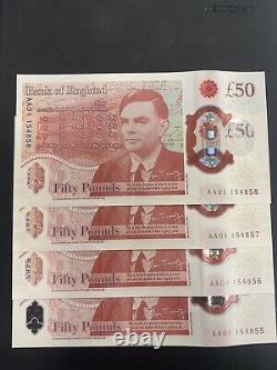 New Polymer £50 X4 Notes AA01 Alan Turing Issued 23/6/2021. Consecutive Serial