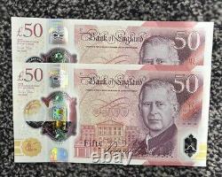 New Uncirculated £50 Pound Note x2 Consecutive King Charles