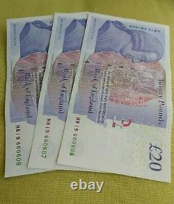 New Uncirculated Consecutive Run Of £20 Notes. HB19 Mint