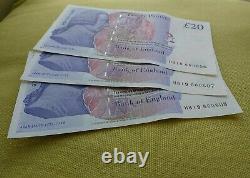 New Uncirculated Consecutive Run Of £20 Notes. HB19 Mint