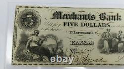 Obsolete 1854 Merchants Bank Five $5 Dollar Note/Bill Fort Leavenworth Ks Kansas