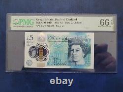 PMG 66 Graded Bank of England £5 Note B414. AA01 273523 Cleland True First