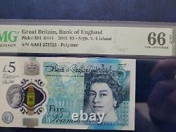 PMG 66 Graded Bank of England £5 Note B414. AA01 273523 Cleland True First