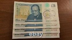 PRISTINE! 4 Consecutive £5 Polymer Notes AA54 Serial Number