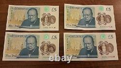 PRISTINE! 4 Consecutive £5 Polymer Notes AA54 Serial Number
