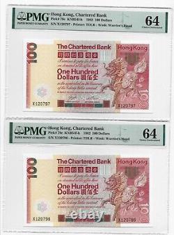 Pair Hong Kong Standard Chartered Bank 100 Dollars 1982 PMG 64 Uncirculated UNC