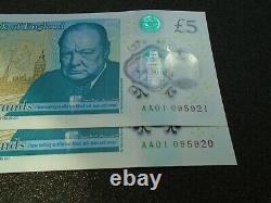 Pair of Polymer Five Pound CHOICE Uncirculated NoteS AA01 0 95921 / 95920