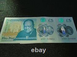 Pair of Polymer Five Pound CHOICE Uncirculated NoteS AA01 0 95921 / 95920