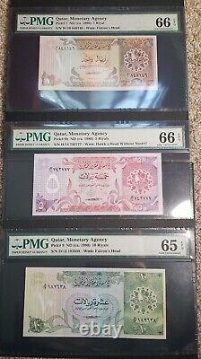 Qatar 1-5-10 Riyals Banknotes 1980 Lot Of 3 PMG 65 & 66 GEM UNC