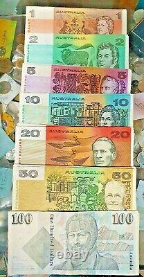 Set of 7 AUSTRALIAN PAPER BANKNOTES, CIRCULATED, $100 $50 $20, $10x2, $5 $2. $1