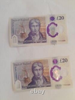 Two 20 Pound Notes rare Serial Numbers 8888 88888