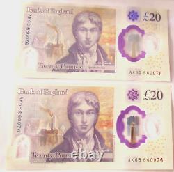 Two £20 banknotes Prefix AK63 &AK68 with same number's 660076
