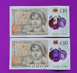 Uncirculated Consecutive Run of £10 Notes x 2 BJ02 000303 & BJ02 000304 Unique