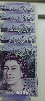 Uncirculated consecutive run of £20 notes x 5. HD prefix
