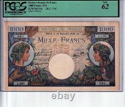 Vintage Banknote France PCGS Certified UNC New 62 1940 1000 Francs Pick 96a