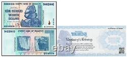 ZIM Zimbabwe 100 Trillion Banknote Note AA/2008, P-91, UNC authentic COA bundle