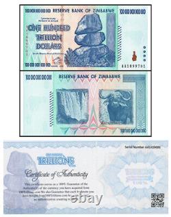 ZIM Zimbabwe 100 Trillion Banknote Note AA/2008, P-91, UNC authentic COA bundle