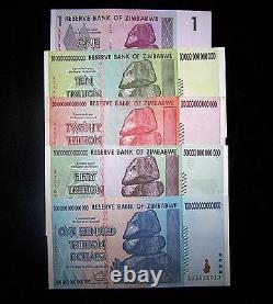Zimbabwe 10,20,50&100 Trillion Dollars+1 Dollar banknotes-Paper money currency