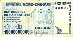 Zimbabwe 100 Billion Special Agro Cheque 2008 20 Banknotes P-64 USED COA