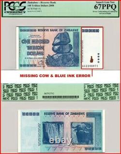 Zimbabwe 100 Trillion Dollars Banknote, 2008, P-91, Missing Cow & Blue Ink Error