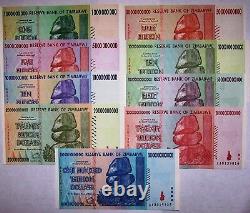 Zimbabwe 9 highest denom. Banknotes-inc 10,20,50,100 Trillion Dollars-currency