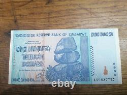 Zimbabwe Banknote, 100 Trillion Dollars, 2008. AA015 early note, uncirculated
