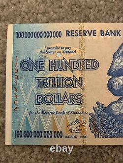 Zimbabwe banknote 100 trillion dollar UNC dated 2008, UV Checked